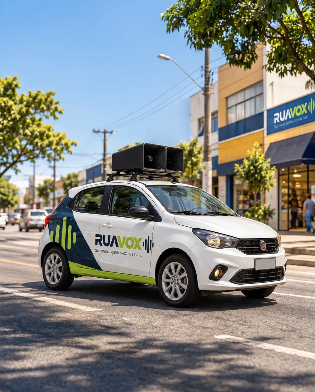 Carro equipado com alto-falantes para campanha publicitária local