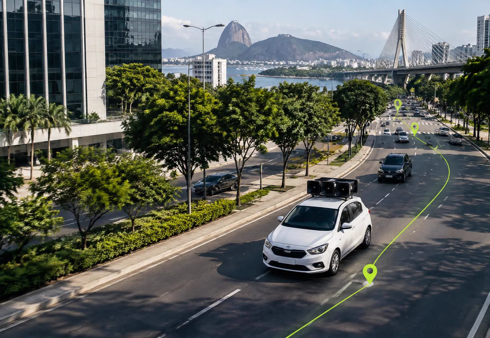 Carro de som em avenida urbana com representação de uma rota planejada